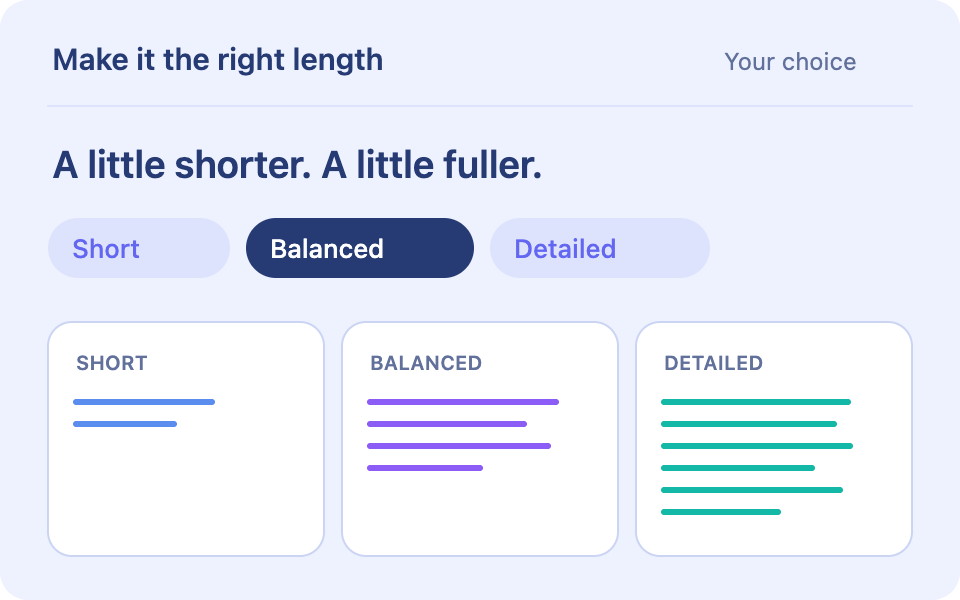 Three illustrative output lengths: short, balanced and detailed, with balanced selected.