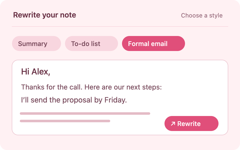 A saved note rewritten as a formal email, with summary and to-do list style options.