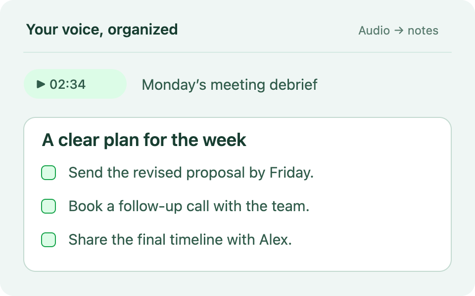 A spoken meeting debrief organized into a clear summary with three next steps.