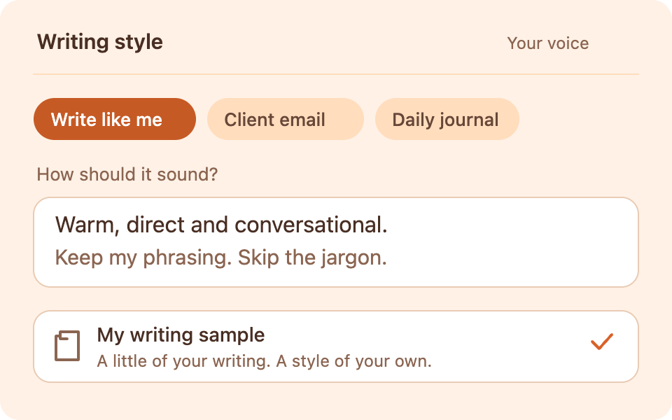 A custom Write like me style with tone instructions and a personal writing sample.