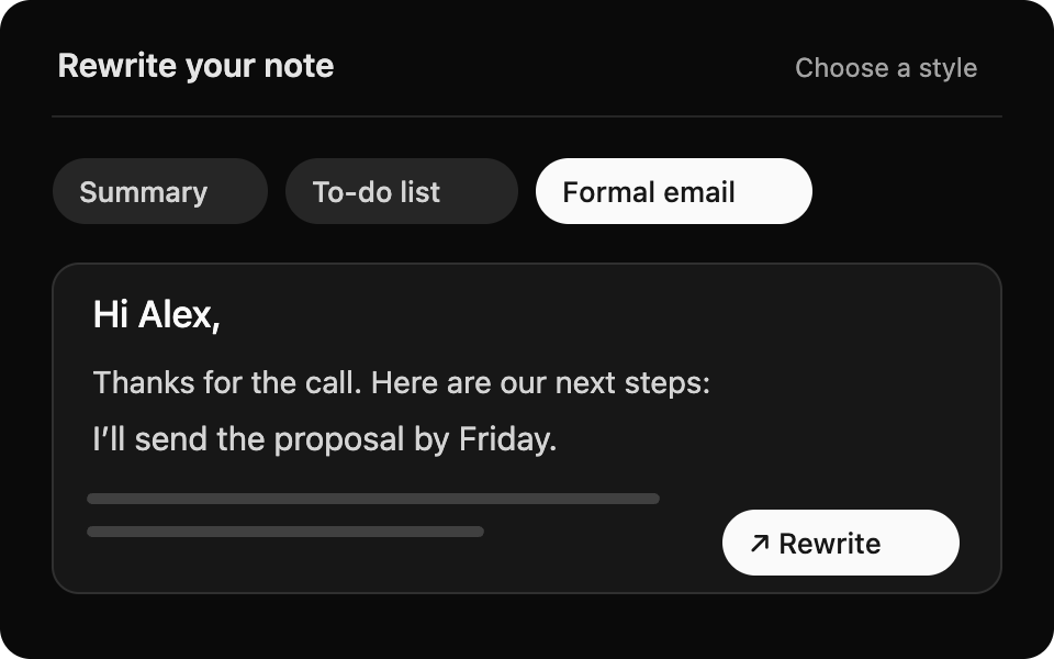 A saved note rewritten as a formal email, with summary and to-do list style options.