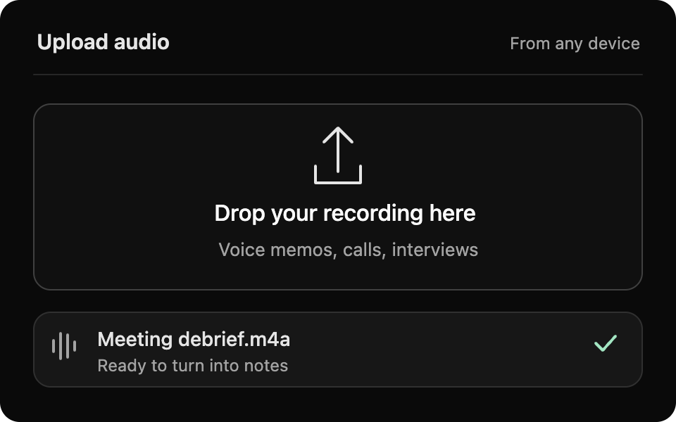 An audio upload area and a meeting debrief recording ready to turn into notes.