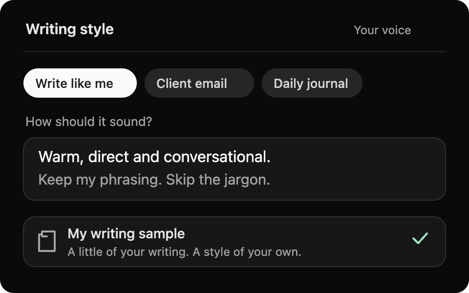 A custom Write like me style with tone instructions and a personal writing sample.