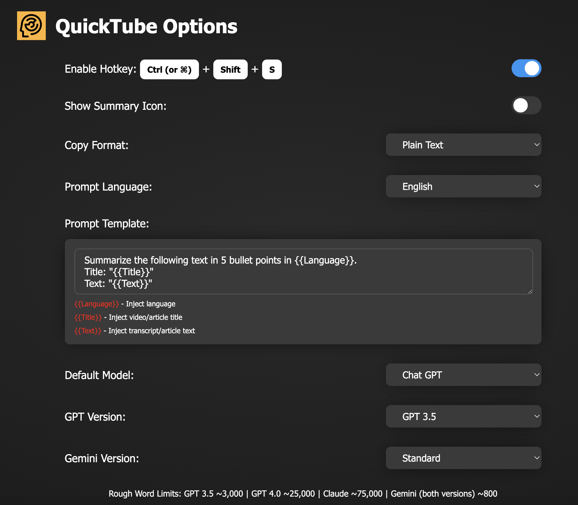 Quicktube Options Page