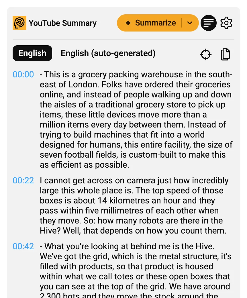 The YouTube Summary panel with the transcript open: caption track buttons, jump and copy buttons, and timestamped transcript lines