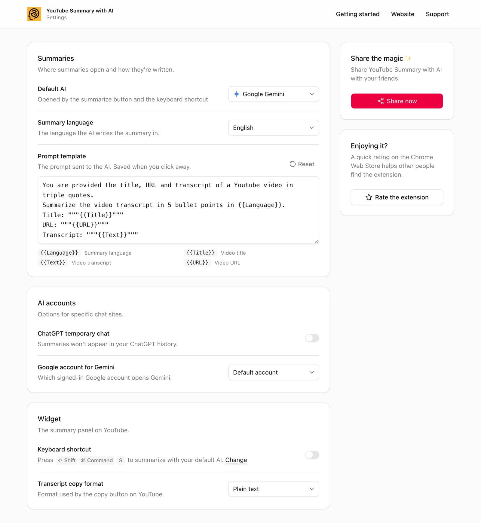 The Settings page: default AI, summary language, prompt template, ChatGPT temporary chat, Google account for Gemini, keyboard shortcut and transcript copy format