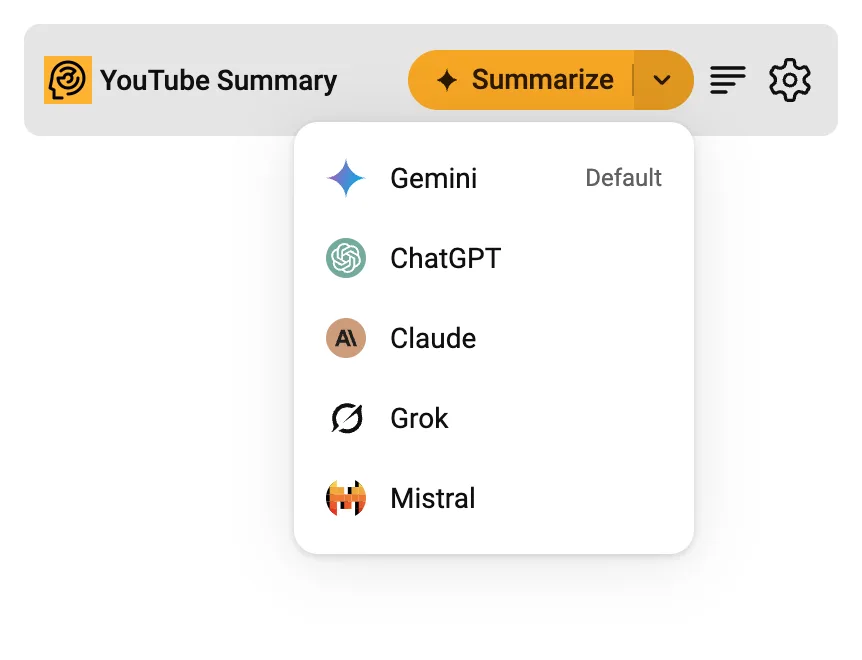 The Summarize menu open, listing Gemini (marked Default), ChatGPT, Claude, Grok and Mistral