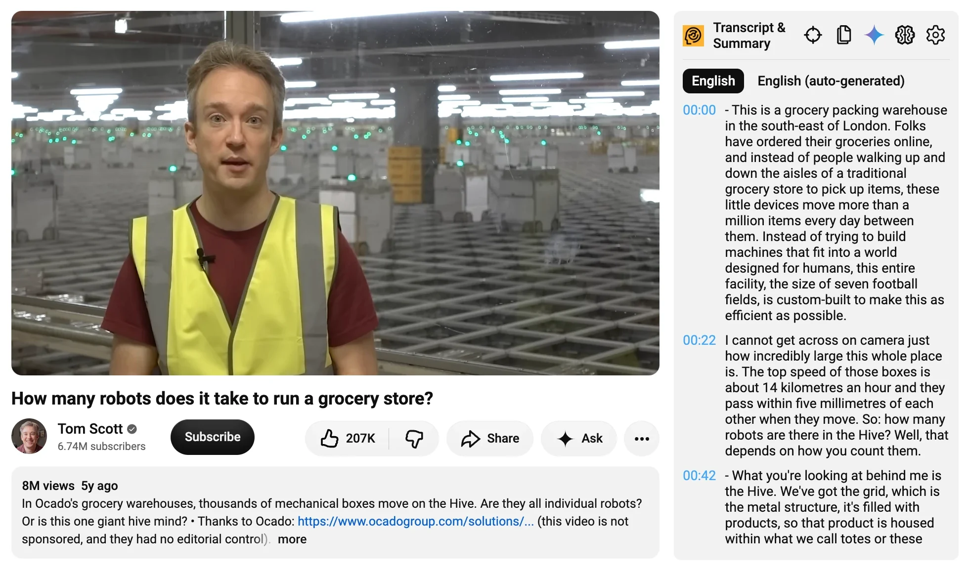 A YouTube video with the Transcript & Summary panel beside it, showing timestamped transcript lines
