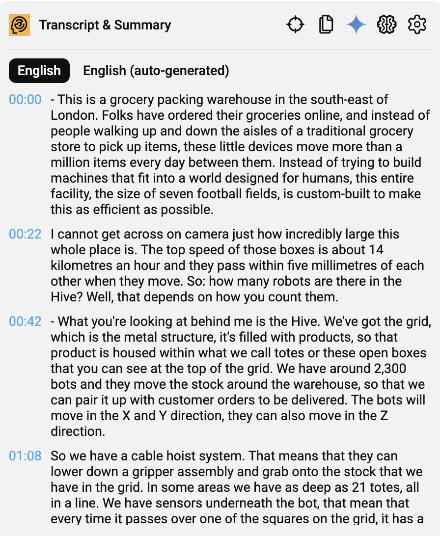The Transcript & Summary panel with timestamped transcript lines and caption language buttons